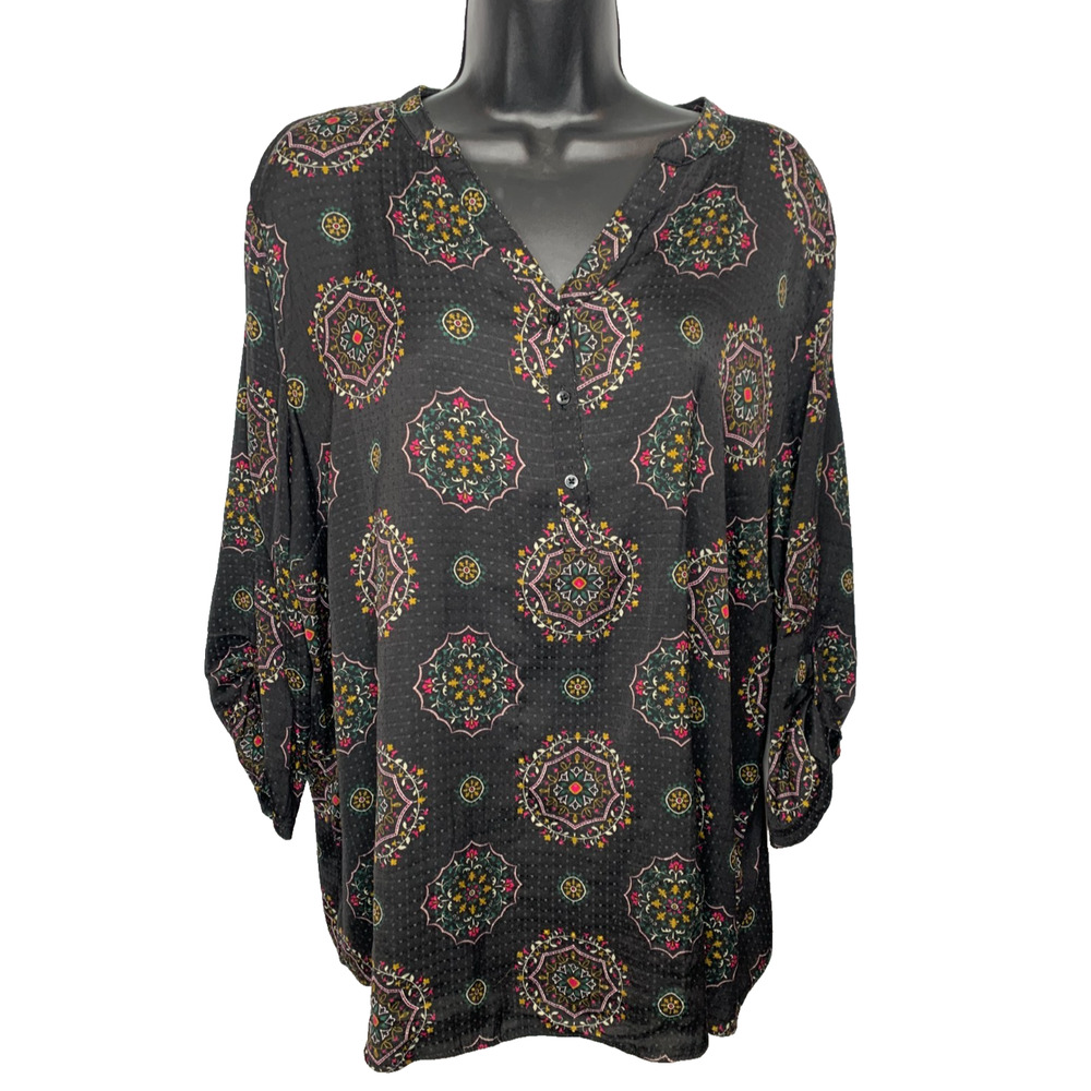 Basic Editions Women's XXL V Neck 3/4 Button Roll up 3/4 Sleeve Blouse